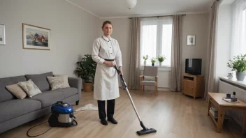 En huspiker i tradisjonell norsk uniform, stående i et rent og ryddig stue.