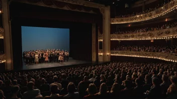 En kveldforestilling på et teater med fullt hus og en scene med skuespillere