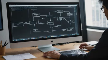 Et bilde som representerer en ITprosess, med en person foran en dataskjerm og et flytskjema eller prosessdiagram.