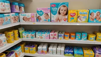 En fargerik og velorganisert butikkhylle med en rekke babyprodukter på display.