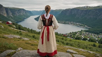 En person i tradisjonelle norske klær spiller på en langfløyte, med fjell og fjorder i bakgrunnen.