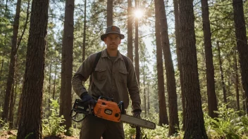 En skogsforvalter som står i en skog, med en hatt på hodet og en motorsag i hånden.