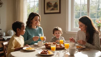 En familie som har en hyggelig frokost sammen, med en varm og invitende atmosfære.