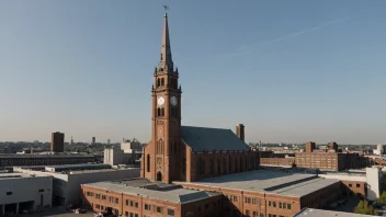 En stor industrikirke med et høyt spir og et klokketårn.