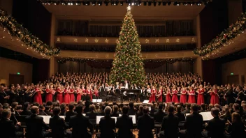 En julerekonsert med kor og orkester på scenen, omgitt av julepynt og et jublende publikum.