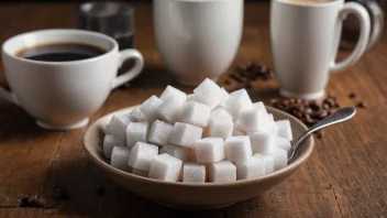 En bolle med krystallisert sukker på et trebord med en kopp kaffe i bakgrunnen.