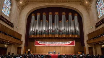 Et stort pipeorgel i en konsertsal med et banner som annonserer en orgelkonkurranse