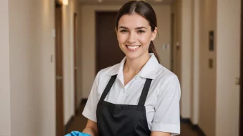 En hotellhusholderske i uniform, som holder en rengjøringsvogn og smiler