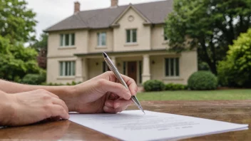 En person som signerer et dokument, med et hus i bakgrunnen.