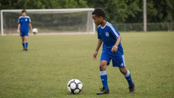 En ung fotballspiller med en ball ved føttene, ser bestemt og fokusert på spillet