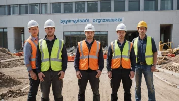 En gruppe bygningsarbeidere samlet foran en bygning under oppføring, som representerer en bygningsarbeiderorganisasjon.