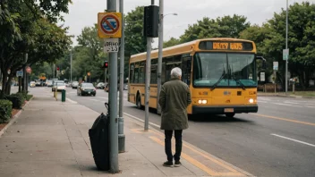 En person som venter på en bussholdeplass med en forsinket buss i bakgrunnen.