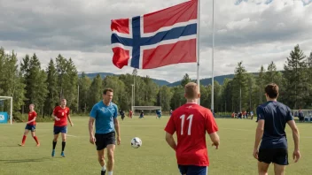 En gruppe mennesker som spiller idrett sammen, med et norsk flagg i bakgrunnen.