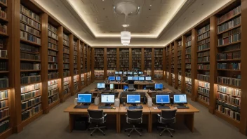 Et bibliotek med et godt organisert system av bokhyller og dataterminaler.