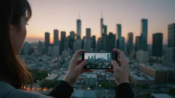 En person ser på et kort videoklipp på telefonen sin med en bysilhuett i bakgrunnen