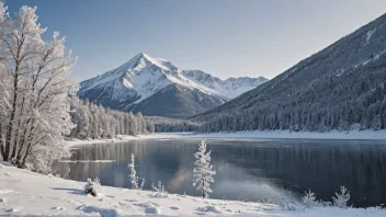 Et fredelig vinterlandskap med en frossen innsjø og snødekte trær.