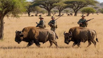 En gruppe jegere i safari-klær, bevæpnet med rifler, som sniker seg inn på en bøffel i den afrikanske savannen.