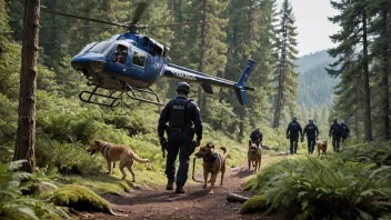 En søkeoperasjon i gang med politibetjenter som søker på bakken, hunder som snuser rundt og helikoptre som flyr over.