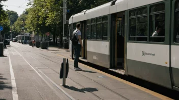 En person som venter på trikken ved en trikkeholdeplass.