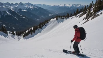 En person som kjører på et splitboard ned en snødekt fjellside, med en naturskjønn utsikt i bakgrunnen.