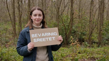 En person som holder et skilt med ordet 'bevaringsrettet' foran et naturreservat, som symboliserer viktigheten av bevaring