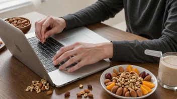 En person som snacker på frukt og nøtter mens de jobber på en laptop