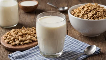 Et glass kefirmelk med en skje og en bolle med frokostblanding i bakgrunnen