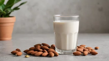 Et glass mandelmelk på et bord med mandler og en plante i bakgrunnen