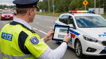 En politibetjent utsteder en trafikkbot med en tablet.