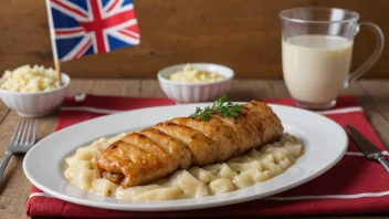 En tradisjonell norsk rett på et bord med et norsk flagg i bakgrunnen.