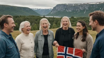 En gruppe mennesker fra ulike bakgrunner og aldre samlet sammen, latter og samtaler, med en subtil bakgrunn av et norsk flagg eller et skandinavisk landskap.