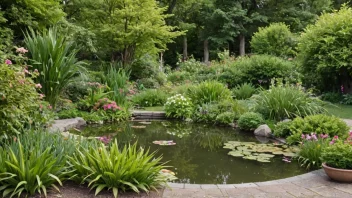 En frodig og grønn hage med en rekke planter og blomster i ulike vekststadier, med noen trær og en liten dam i bakgrunnen.