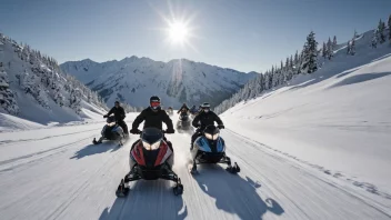 En gruppe mennesker som kjører snøscooter gjennom et snødekt fjellandskap