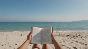 Et fredelig bilde av en person som leser en bok på en strand, med en rolig atmosfære.