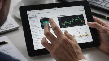 En person leser en finansartikkel på en tablet med en aksjegraf i bakgrunnen