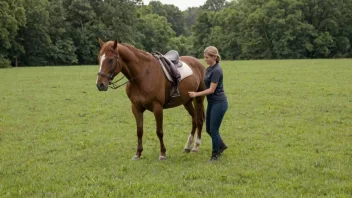 En person som trener en hest på en åker, med en solfylt himmel og grønt gress.