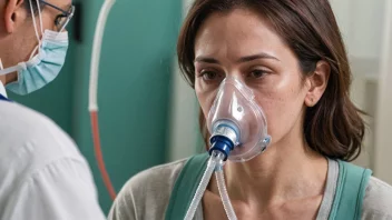 Et bilde av en person med åndedrettssviktighet, med en ventilator og oksygentank i bakgrunnen.