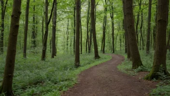 Et fredelig og kontemplativt bilde av en person som går på en svingete sti gjennom en skog, omgitt av trær og grønne omgivelser.