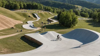 En terrengpark med ulike elementer som åser, hopp og kurver, designet for syklister å ri og utføre stunts.