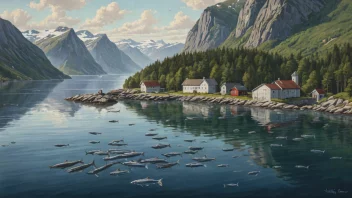 Et bilde av en sildskole i havet, med en subtil bakgrunn av en norsk fjord.