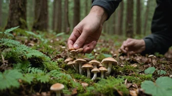 En person plukker sopp i en skog, med en kurv i hånden.