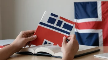 En person som studerer en bok med et norsk flagg i bakgrunnen, som representerer studiet av norske lover og regler.