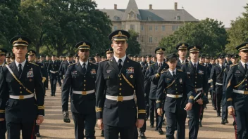 En kriegsakademi med studenter i uniform, bygninger og treningsfasiliteter.