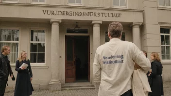 En bygning med en skilt som leser 'Vurderingsinstitutt' på norsk, med en gruppe mennesker i bakgrunnen som diskuterer og evaluerer dokumenter.