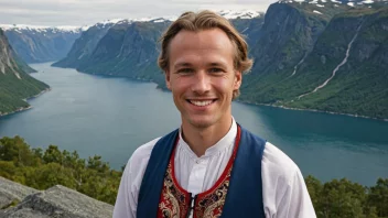 En glad norsk mann i tradisjonelle klær, med en vakker fjordlandskap i bakgrunnen.