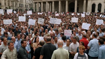 En folkemengde protesterer på en byplass.