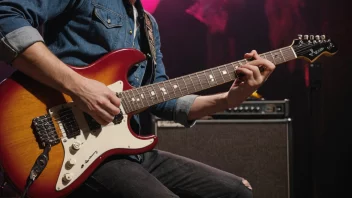 En person som spiller elektrisk gitar med en rockemusikk-inspirert bakgrunn