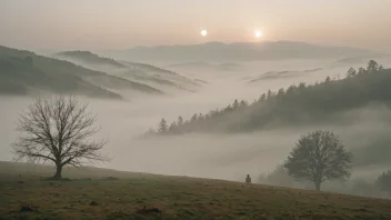 En fredelig og mystisk atmosfære med en person i bakgrunnen, omgitt av natur.