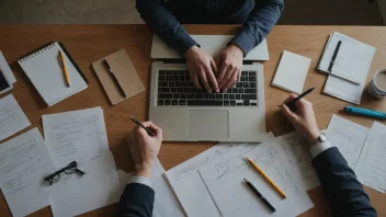 En person som arbeider på et prosjekt med en laptop og en notatbok.