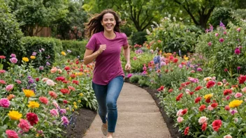 En person som løper gjennom en hage fylt med fargerike blomster, og nyter naturens skjønnhet.